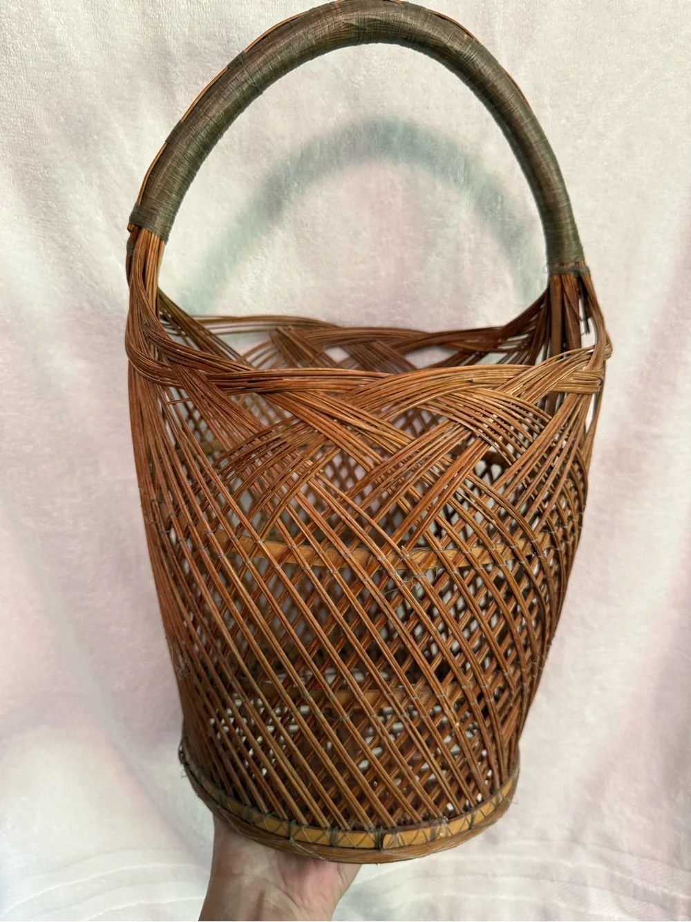 Vintage handwoven Asian basket,a traditional rattan flower gathering basket